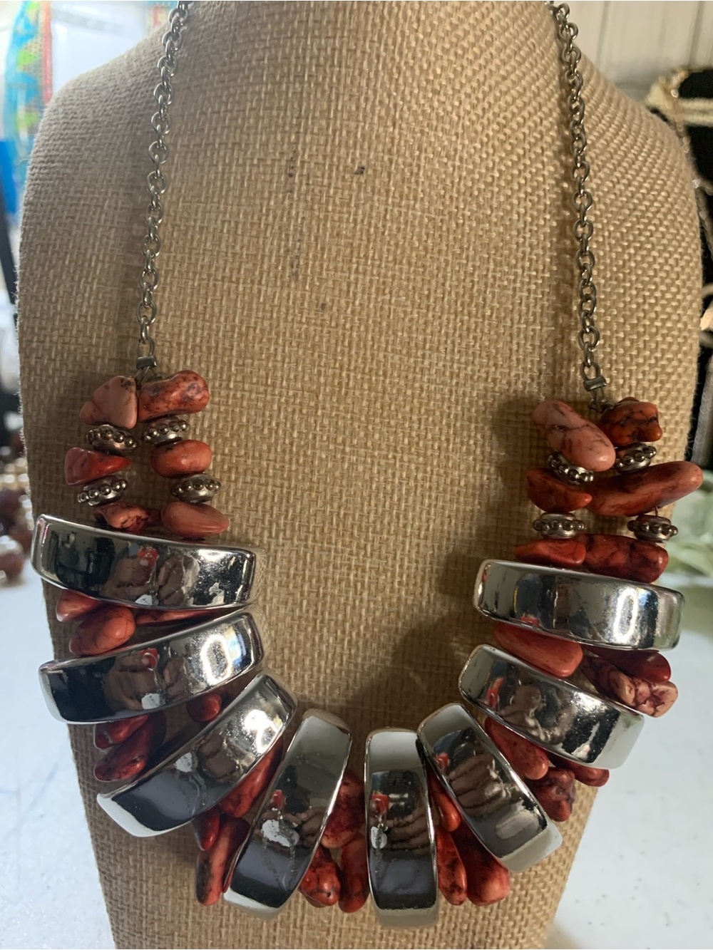 Chico's Silver-Plate and Red Stone Statement Necklace
